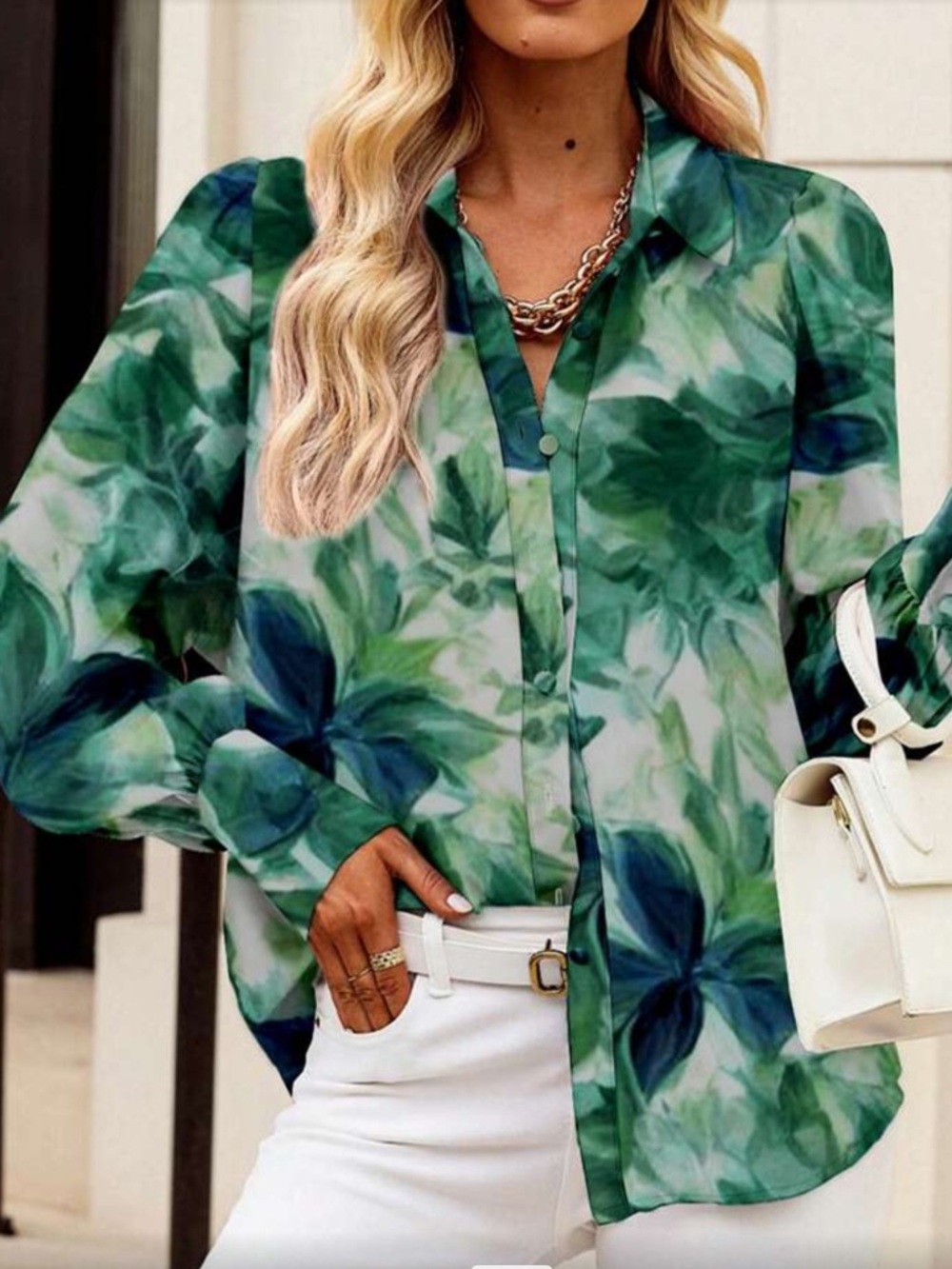 Boho Floral Print Green and Blue Button Down Top